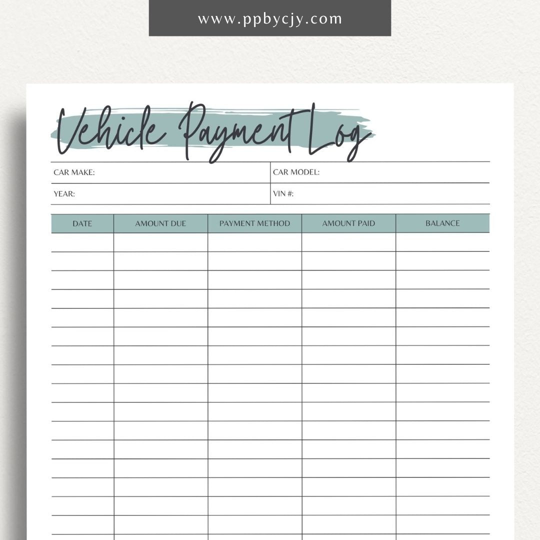 Vehicle Payment Log Printable Template – Digital download for tracking and managing payments for a vehicle, including payment dates, amounts, and remaining balance