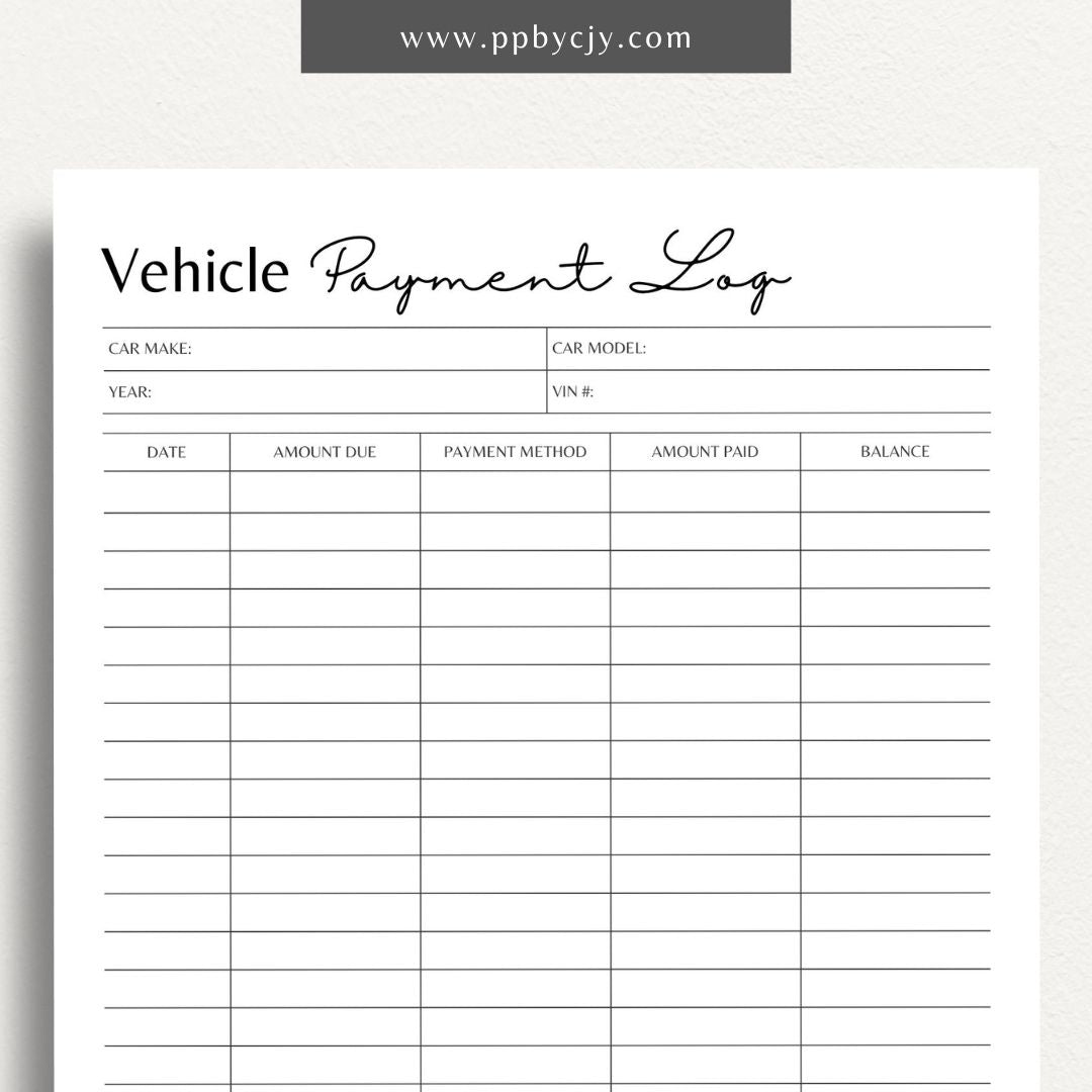 Vehicle Payment Log Printable Template – Digital download for tracking and managing payments for a vehicle, including payment dates, amounts, and remaining balance