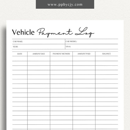 Vehicle Payment Log Printable Template – Digital download for tracking and managing payments for a vehicle, including payment dates, amounts, and remaining balance