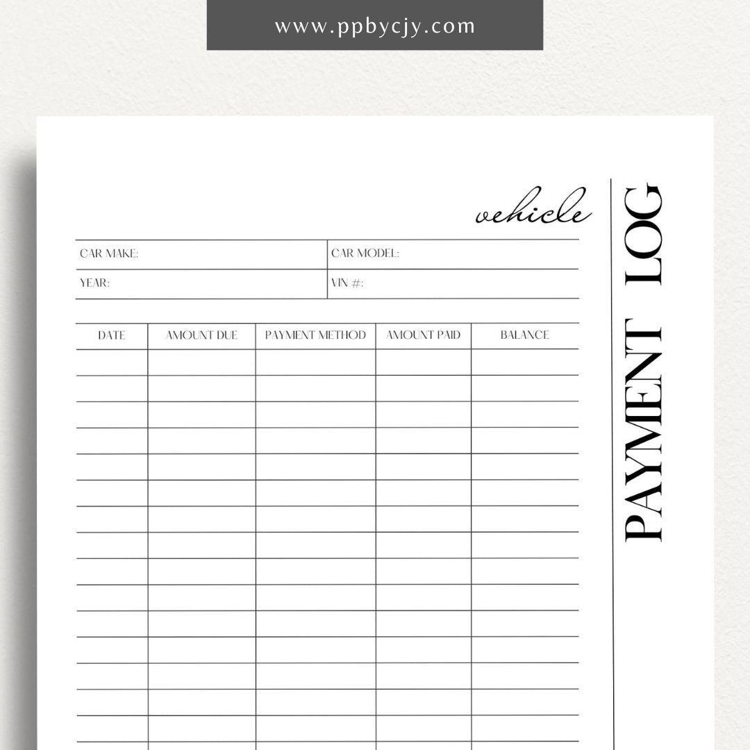 Vehicle Payment Log Printable Template – Digital download for tracking and managing payments for a vehicle, including payment dates, amounts, and remaining balance