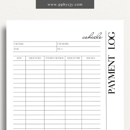 Vehicle Payment Log Printable Template – Digital download for tracking and managing payments for a vehicle, including payment dates, amounts, and remaining balance