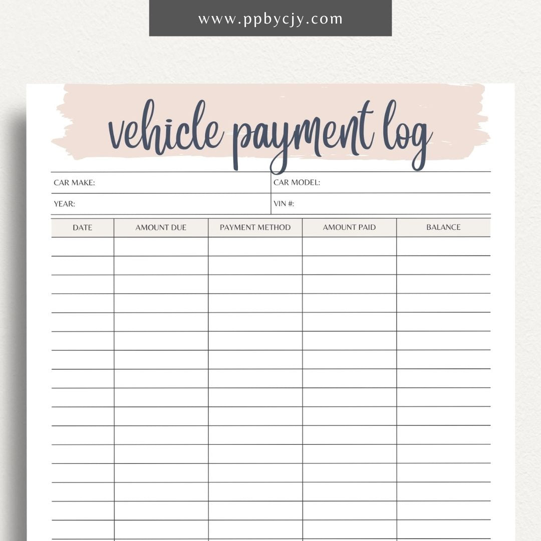 Vehicle Payment Log Printable Template – Digital download for tracking and managing payments for a vehicle, including payment dates, amounts, and remaining balance