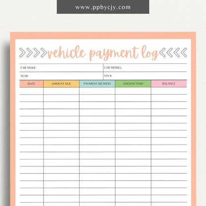 Vehicle Payment Log Printable Template – Digital download for tracking and managing payments for a vehicle, including payment dates, amounts, and remaining balance