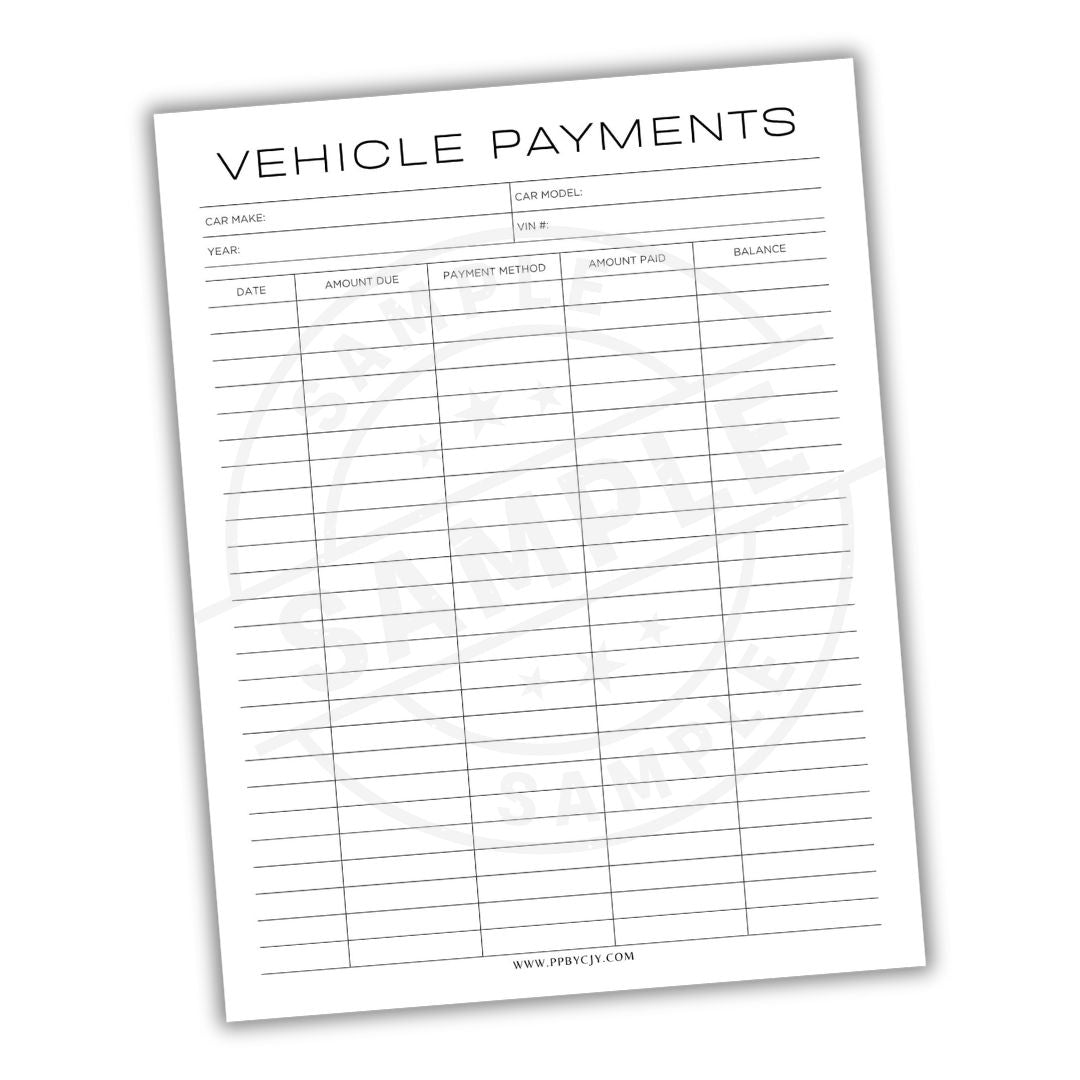 Sheet of paper titled 'Vehicle Payments' with a table for tracking payments.