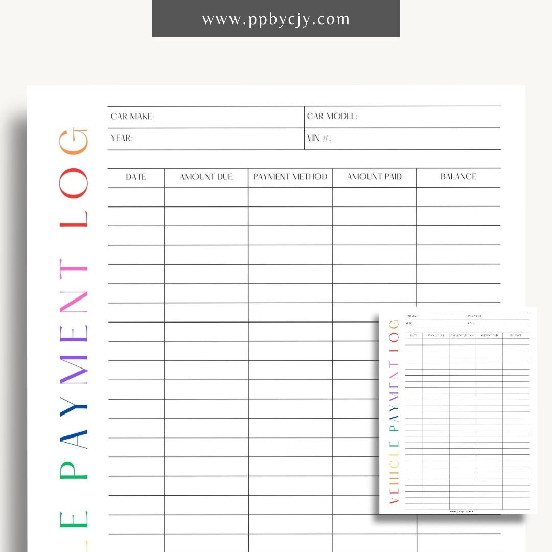 Vehicle Payment Log Printable Template – Digital download for tracking and managing payments for a vehicle, including payment dates, amounts, and remaining balance