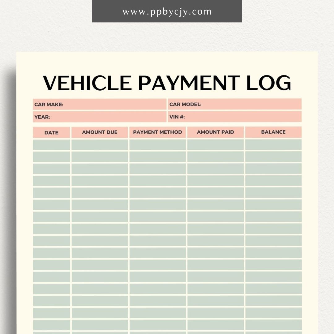 Vehicle Payment Log Printable Template – Digital download for tracking and managing payments for a vehicle, including payment dates, amounts, and remaining balance