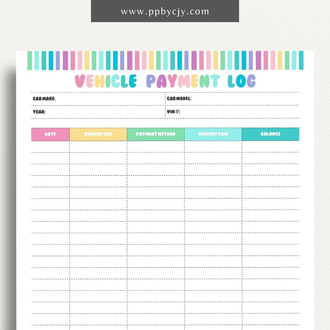 Vehicle Payment Log Printable Template – Digital download for tracking and managing payments for a vehicle, including payment dates, amounts, and remaining balance