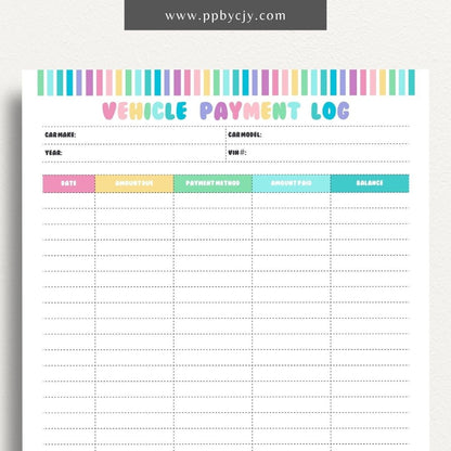 Vehicle Payment Log Printable Template – Digital download for tracking and managing payments for a vehicle, including payment dates, amounts, and remaining balance