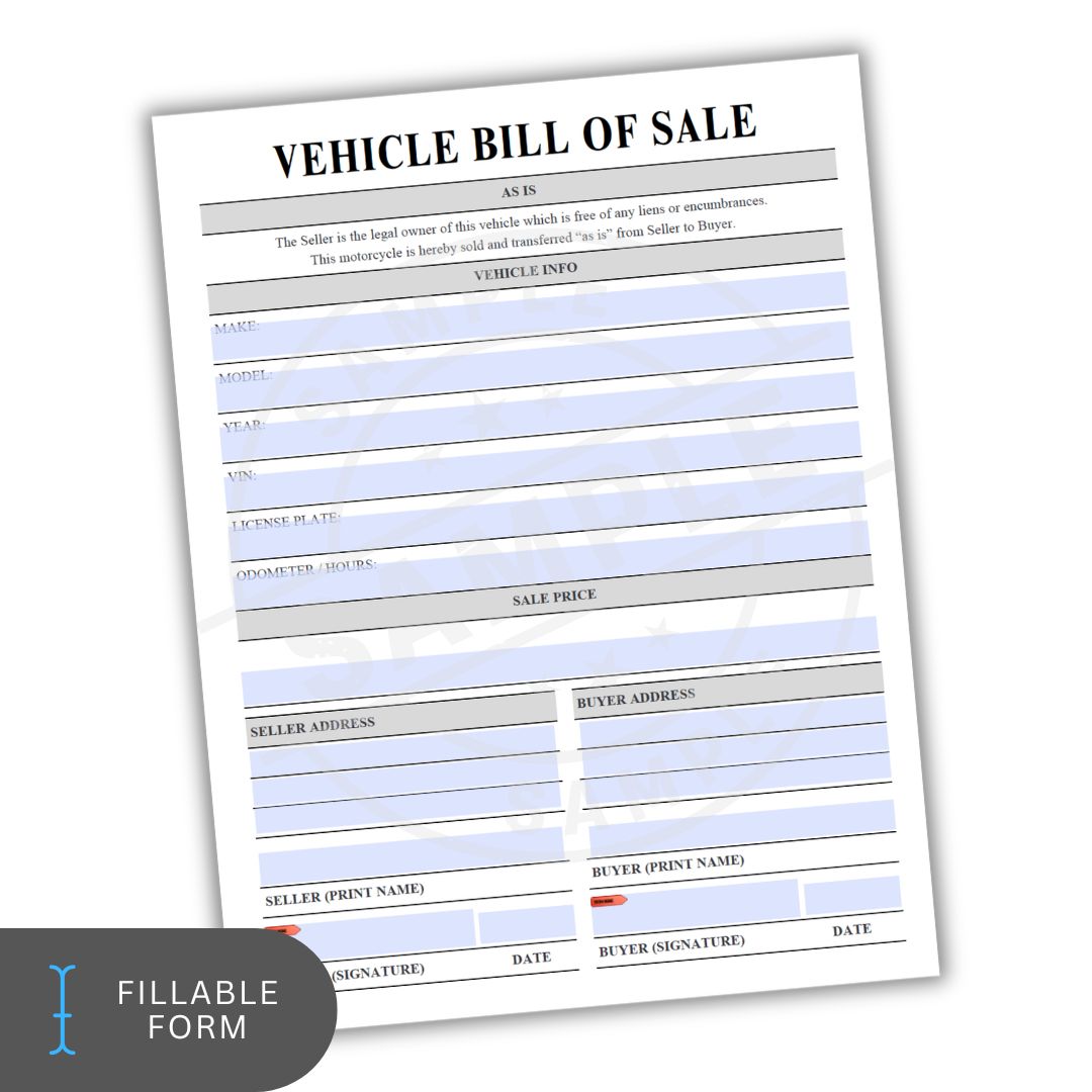 Vehicle bill of sale form on a white background