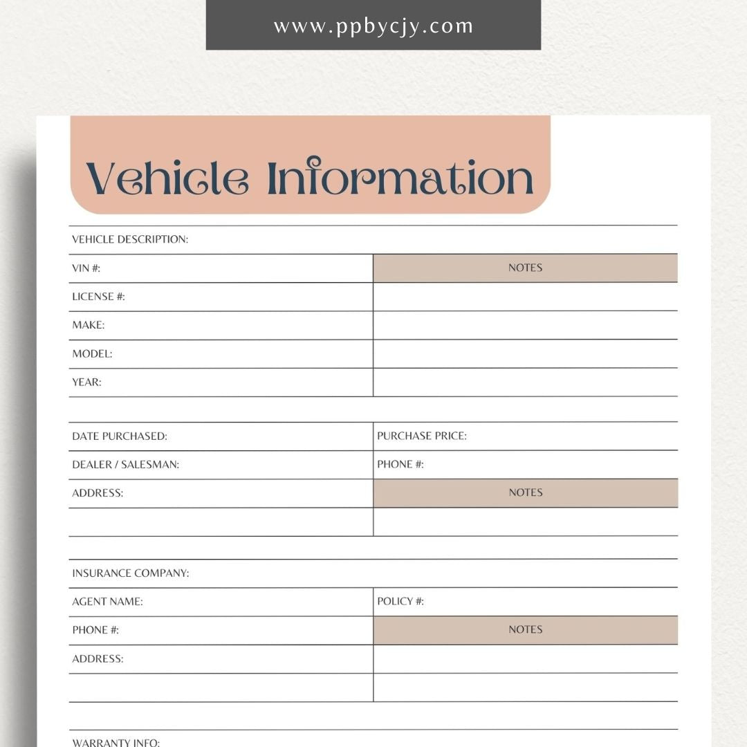 Vehicle Information Printable Template – Digital download for recording and managing details about a vehicle, including make, model, VIN, registration, maintenance, and insurance information