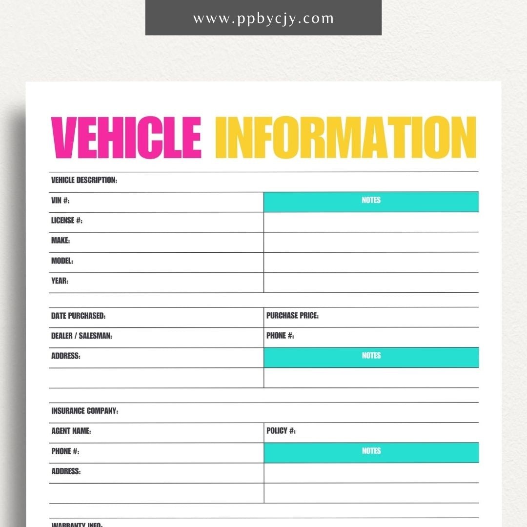 Vehicle Information Printable Template – Digital download for recording and managing details about a vehicle, including make, model, VIN, registration, maintenance, and insurance information