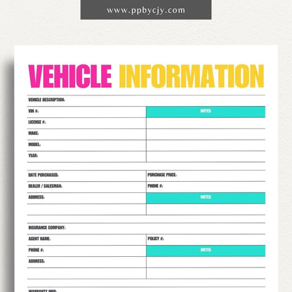 Vehicle Information Printable Template – Digital download for recording and managing details about a vehicle, including make, model, VIN, registration, maintenance, and insurance information