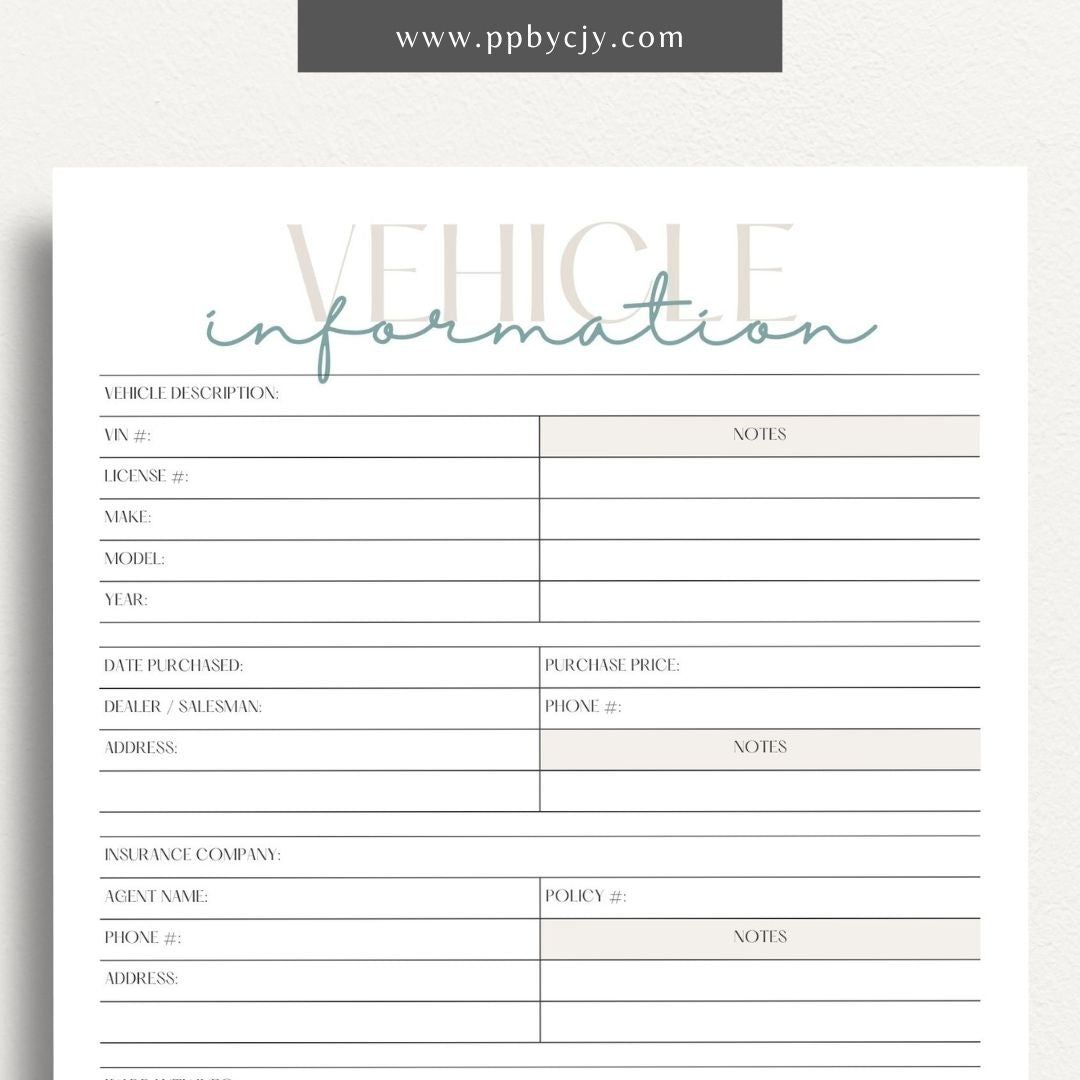 Vehicle Information Printable Template – Digital download for recording and managing details about a vehicle, including make, model, VIN, registration, maintenance, and insurance information