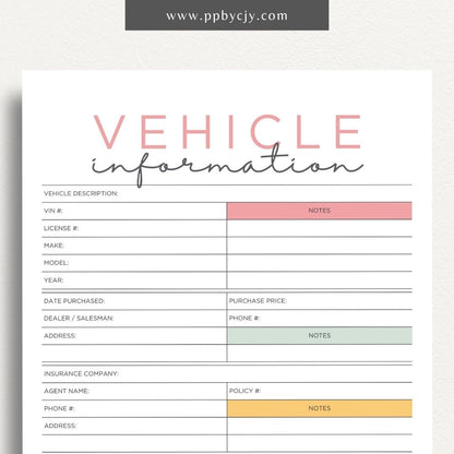 Vehicle Information Printable Template – Digital download for recording and managing details about a vehicle, including make, model, VIN, registration, maintenance, and insurance information