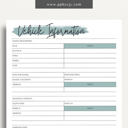 Vehicle Information Printable Template – Digital download for recording and managing details about a vehicle, including make, model, VIN, registration, maintenance, and insurance information