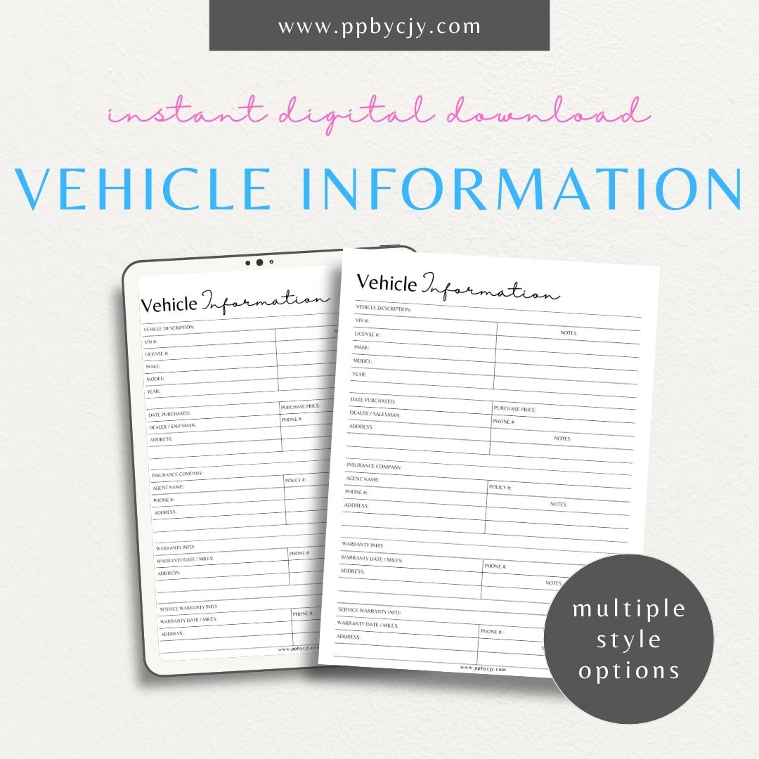 Vehicle Information Printable Template – Digital download for recording and managing details about a vehicle, including make, model, VIN, registration, maintenance, and insurance information