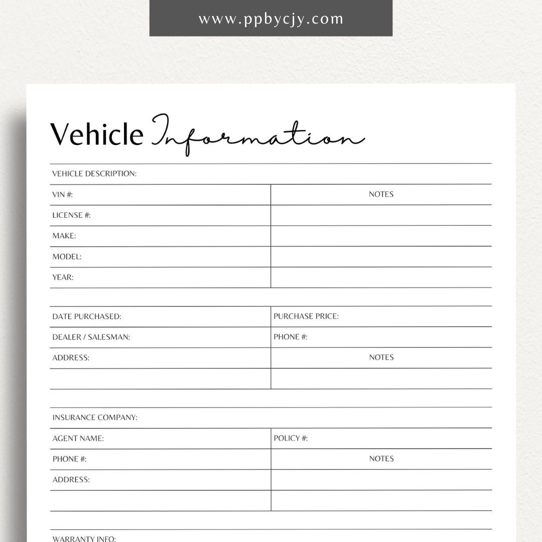 Vehicle Information Printable Template – Digital download for recording and managing details about a vehicle, including make, model, VIN, registration, maintenance, and insurance information