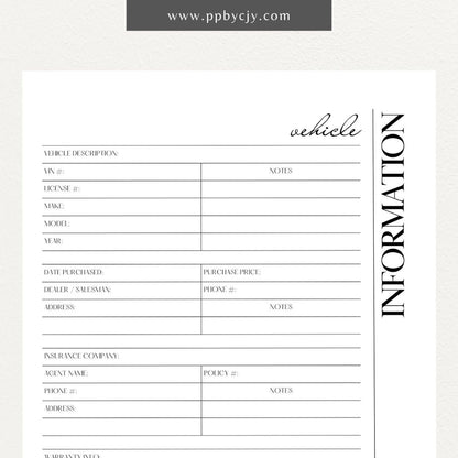 Vehicle Information Printable Template – Digital download for recording and managing details about a vehicle, including make, model, VIN, registration, maintenance, and insurance information