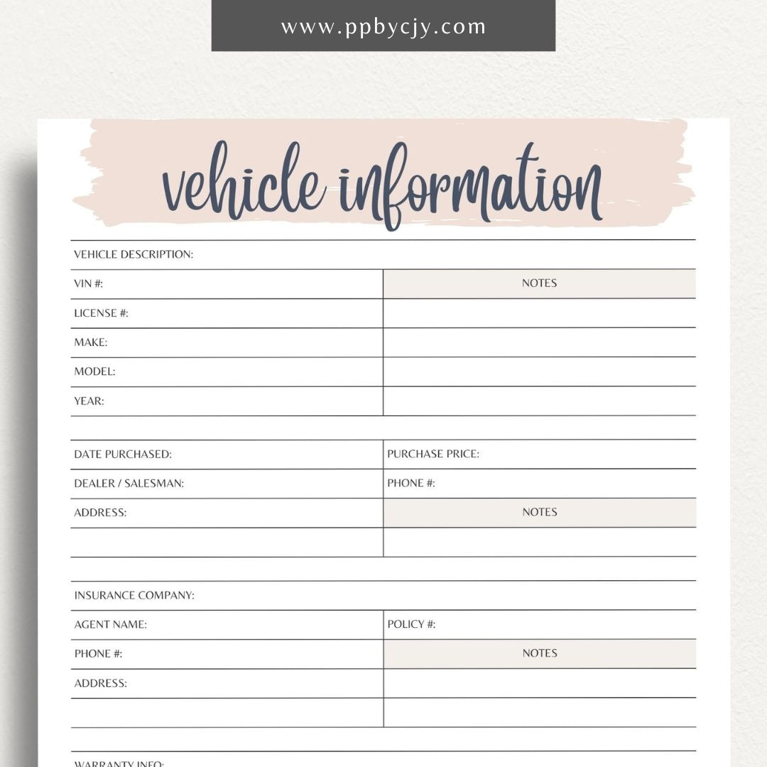 Vehicle Information Printable Template – Digital download for recording and managing details about a vehicle, including make, model, VIN, registration, maintenance, and insurance information