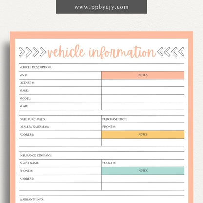 Vehicle Information Printable Template – Digital download for recording and managing details about a vehicle, including make, model, VIN, registration, maintenance, and insurance information