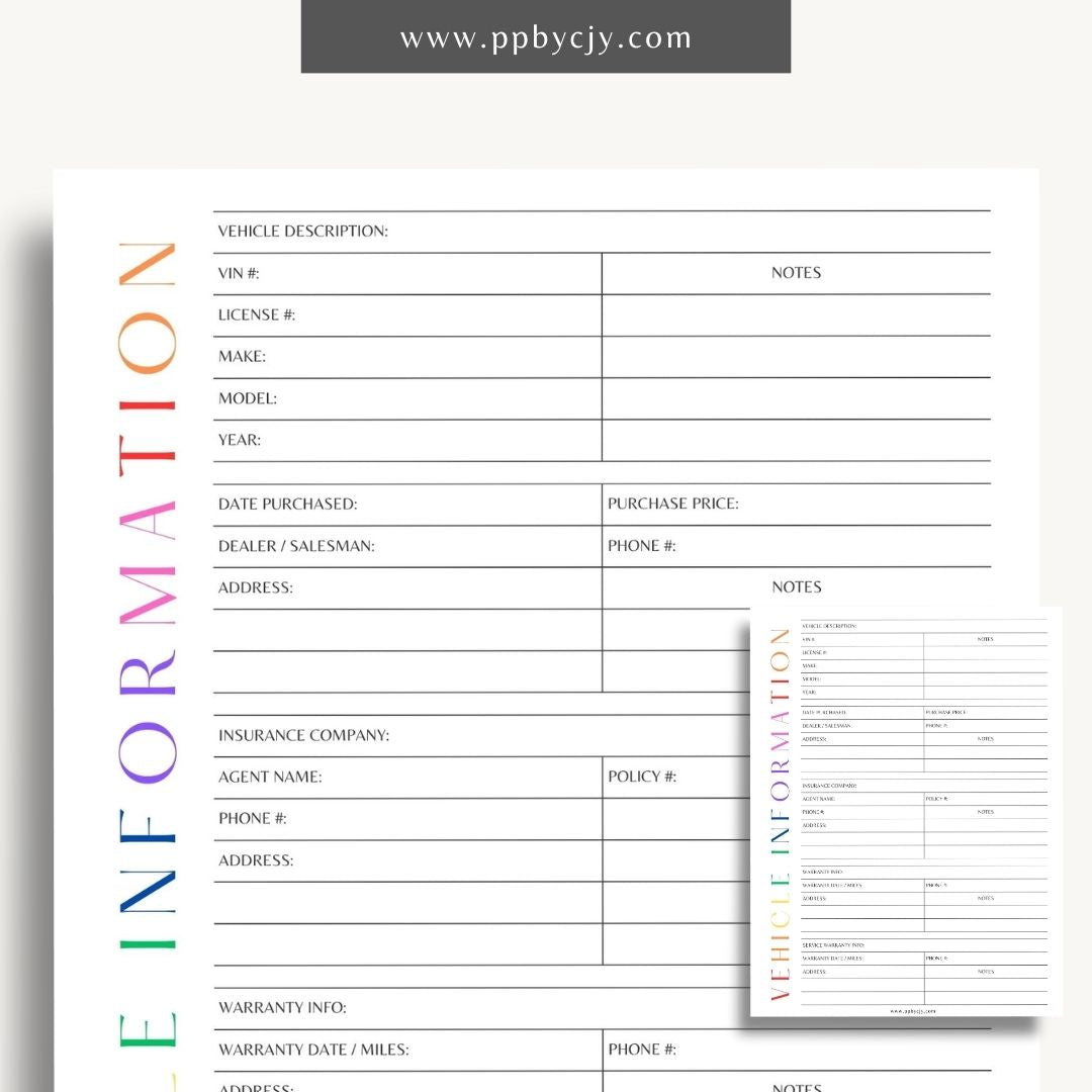 Vehicle Information Printable Template – Digital download for recording and managing details about a vehicle, including make, model, VIN, registration, maintenance, and insurance information