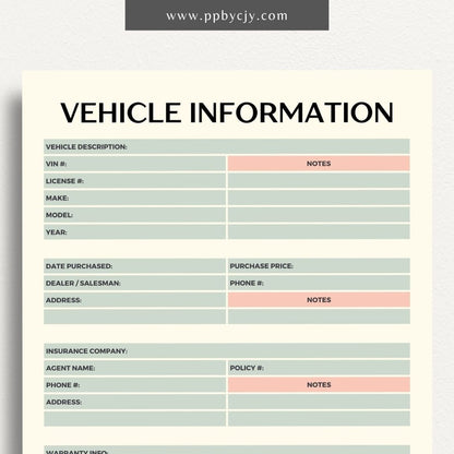 Vehicle Information Printable Template – Digital download for recording and managing details about a vehicle, including make, model, VIN, registration, maintenance, and insurance information