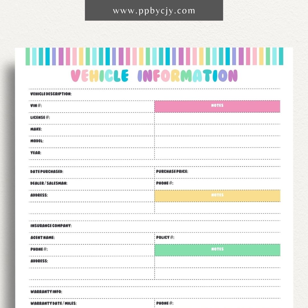 Vehicle Information Printable Template – Digital download for recording and managing details about a vehicle, including make, model, VIN, registration, maintenance, and insurance information