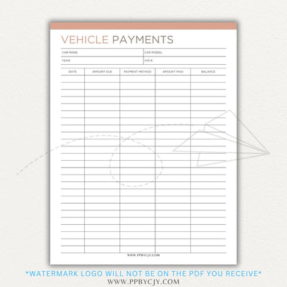 Vehicle payment tracker printable PDF template for logging payments, due dates, and balances.

