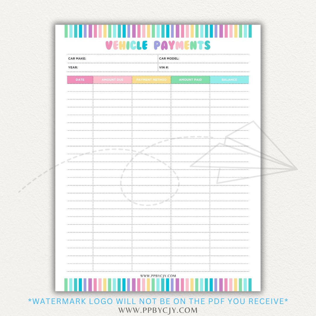 Vehicle payment tracker printable PDF template for logging payments, due dates, and balances.

