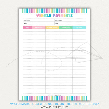 Vehicle payment tracker printable PDF template for logging payments, due dates, and balances.

