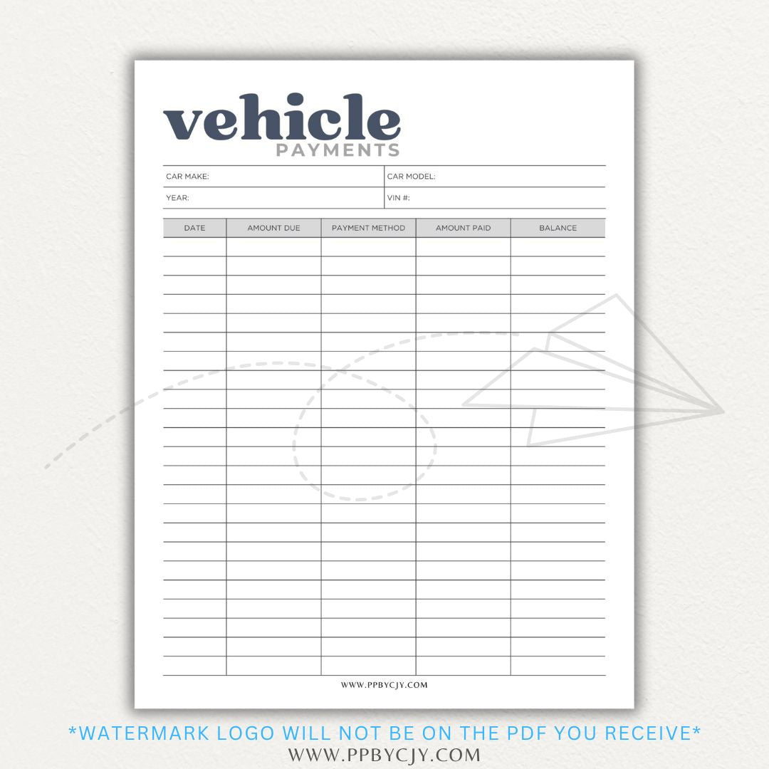 Vehicle payment tracker printable PDF template for logging payments, due dates, and balances.

