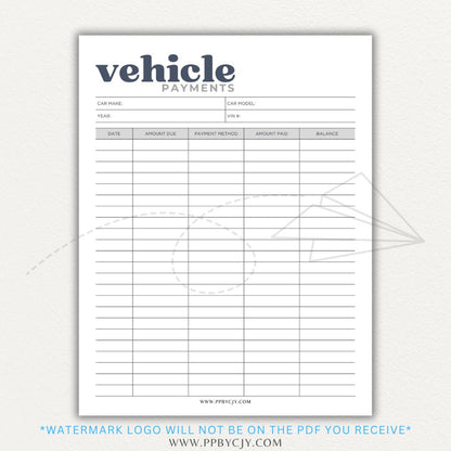 Vehicle payment tracker printable PDF template for logging payments, due dates, and balances.

