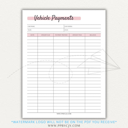 Vehicle payment tracker printable PDF template for logging payments, due dates, and balances.

