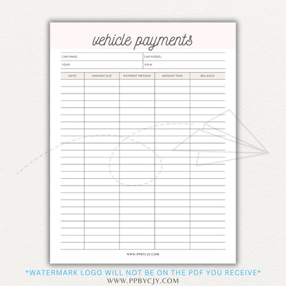 Vehicle payment tracker printable PDF template for logging payments, due dates, and balances.

