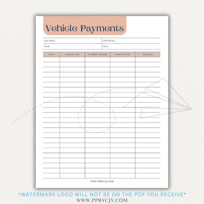 Vehicle payment tracker printable PDF template for logging payments, due dates, and balances.

