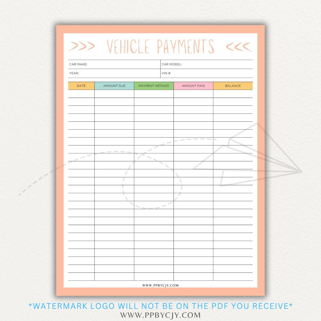 Vehicle payment tracker printable PDF template for logging payments, due dates, and balances.

