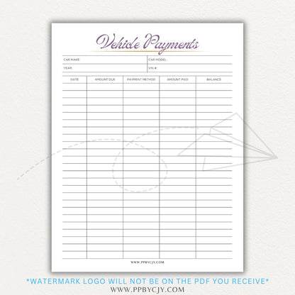 Vehicle payment tracker printable PDF template for logging payments, due dates, and balances.

