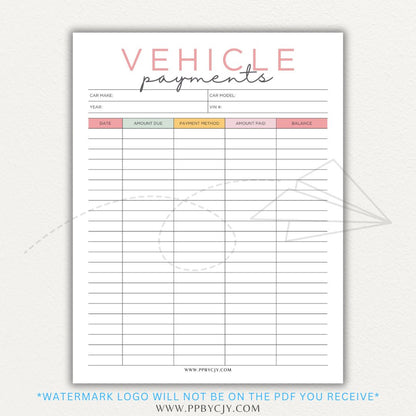 Vehicle payment tracker printable PDF template for logging payments, due dates, and balances.

