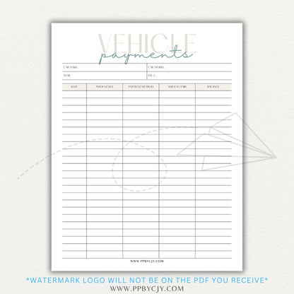 Vehicle payment tracker printable PDF template for logging payments, due dates, and balances.

