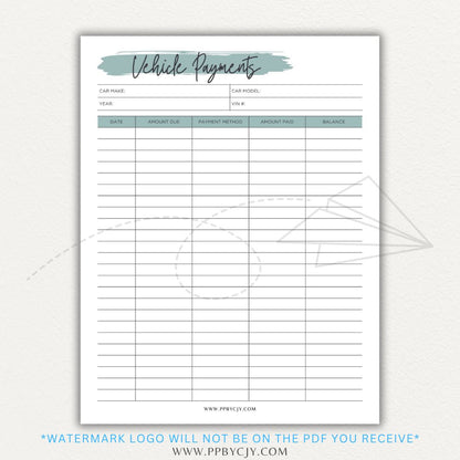 Vehicle payment tracker printable PDF template for logging payments, due dates, and balances.

