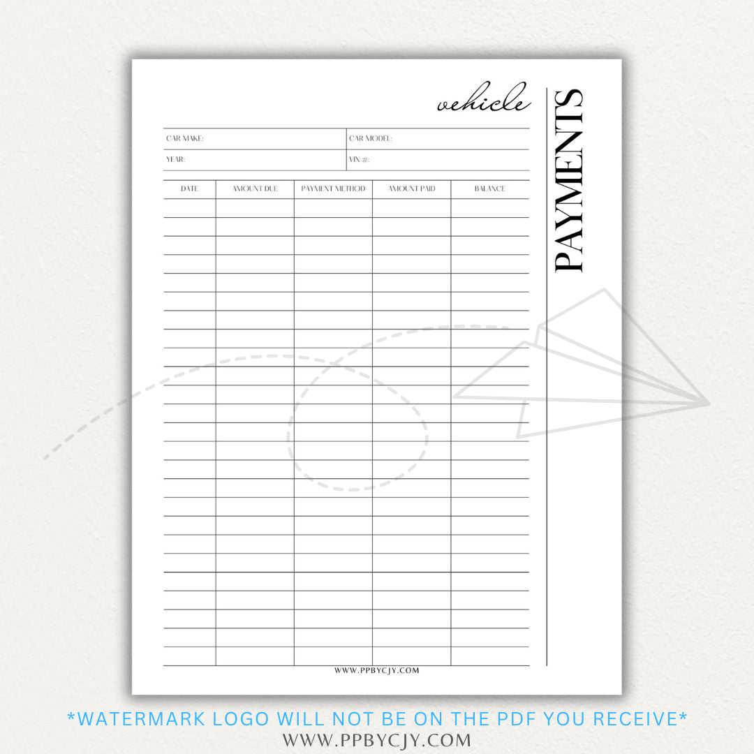 Vehicle payment tracker printable PDF template for logging payments, due dates, and balances.

