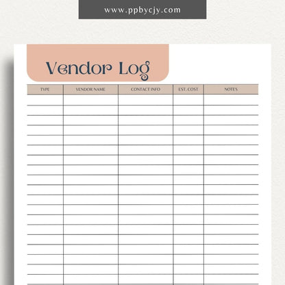 Vendor List Printable Template – Digital download for organizing and managing contact information and details for various vendors, including names, services, and contact details