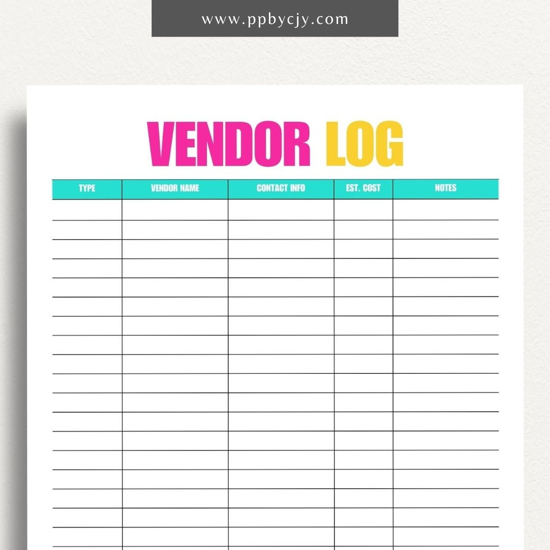 Vendor List Printable Template – Digital download for organizing and managing contact information and details for various vendors, including names, services, and contact details