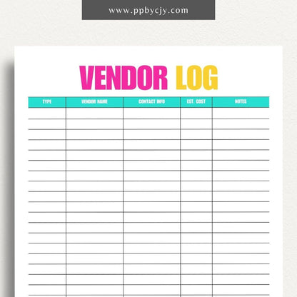 Vendor List Printable Template – Digital download for organizing and managing contact information and details for various vendors, including names, services, and contact details