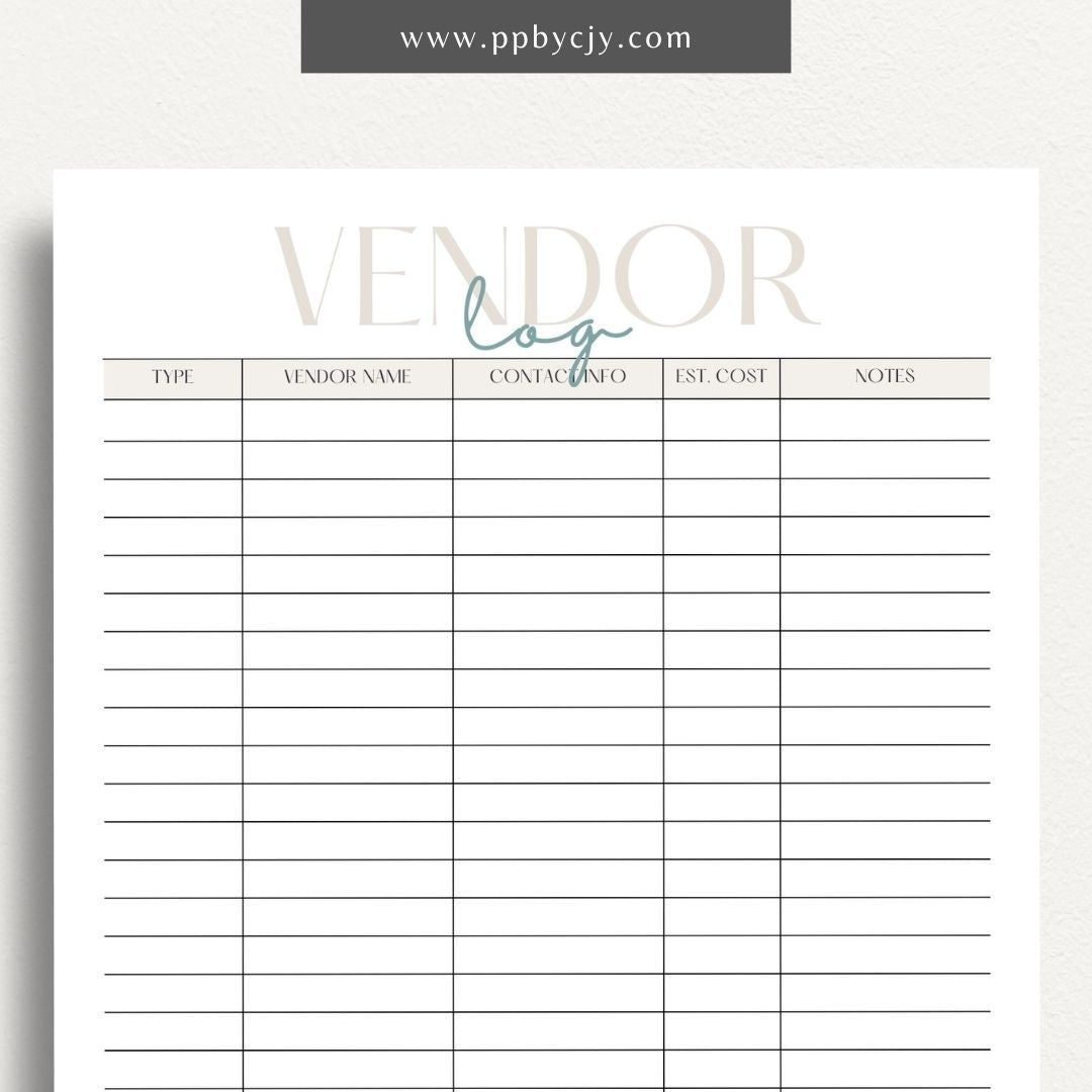 Vendor List Printable Template – Digital download for organizing and managing contact information and details for various vendors, including names, services, and contact details