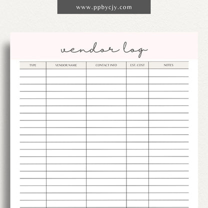 Vendor List Printable Template – Digital download for organizing and managing contact information and details for various vendors, including names, services, and contact details