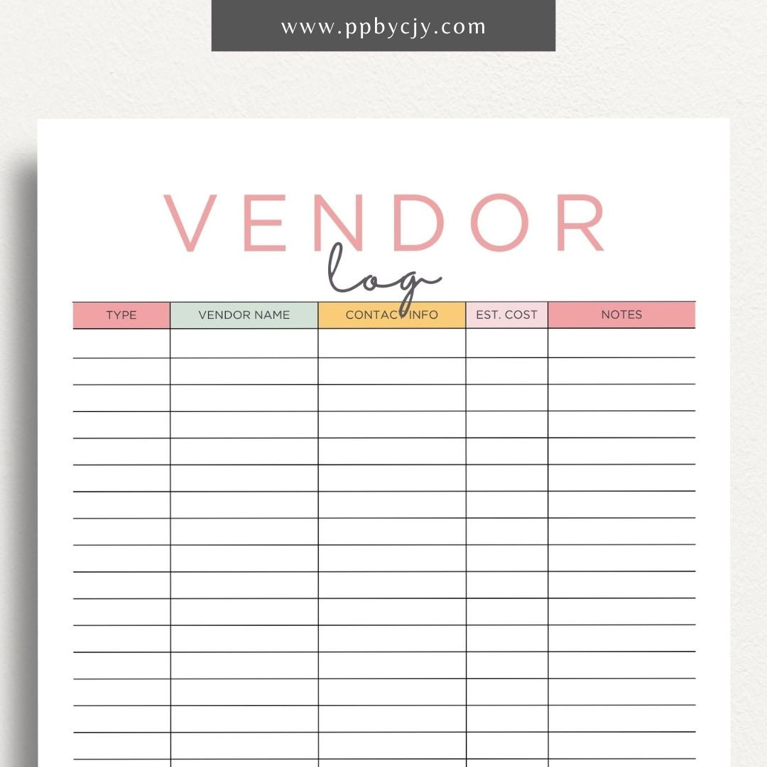 Vendor List Printable Template – Digital download for organizing and managing contact information and details for various vendors, including names, services, and contact details