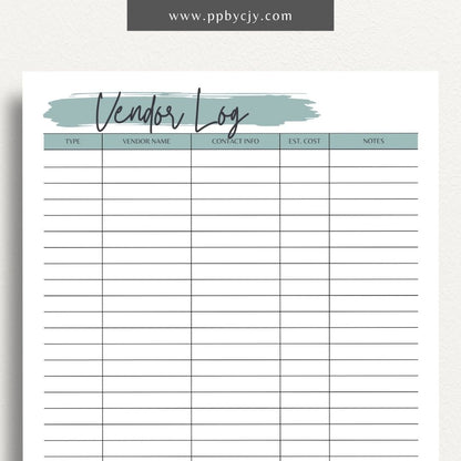 Vendor List Printable Template – Digital download for organizing and managing contact information and details for various vendors, including names, services, and contact details