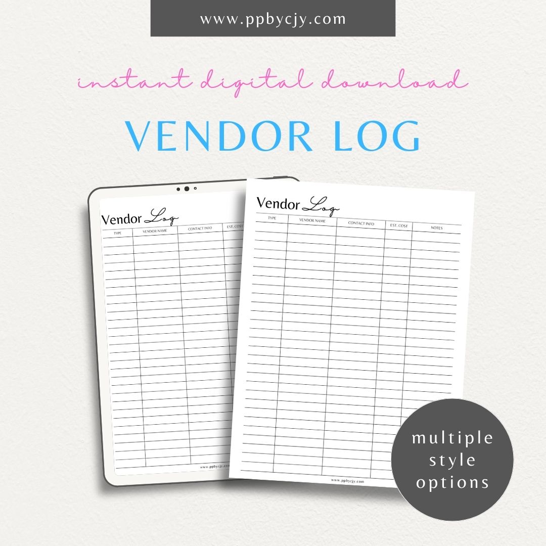 Vendor List Printable Template – Digital download for organizing and managing contact information and details for various vendors, including names, services, and contact details