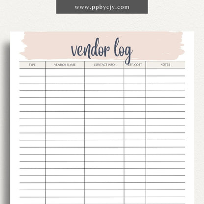 Vendor List Printable Template – Digital download for organizing and managing contact information and details for various vendors, including names, services, and contact details